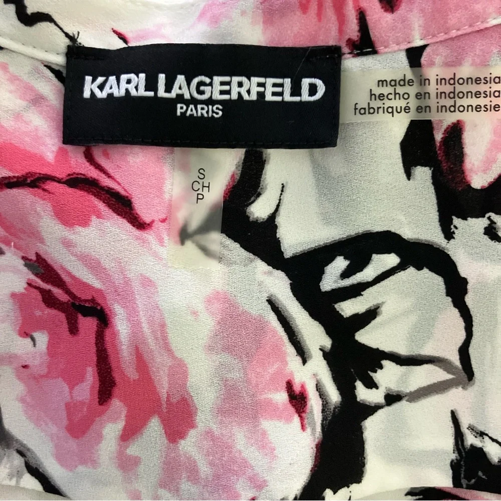 Karl Lagerfeld Pink and Black Floral Cold Shoulder Pearl Tie Accent Top